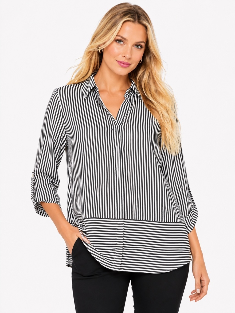 Chico's 0 Women's Small 4) Blouse Striped Navy Blue White Button-Front Top